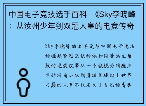 中国电子竞技选手百科-《Sky李晓峰：从汝州少年到双冠人皇的电竞传奇》