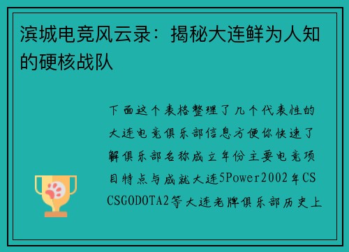 滨城电竞风云录：揭秘大连鲜为人知的硬核战队
