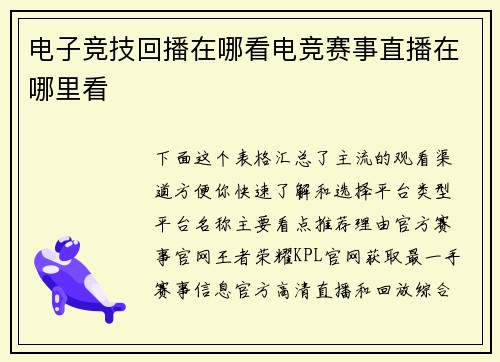 电子竞技回播在哪看电竞赛事直播在哪里看